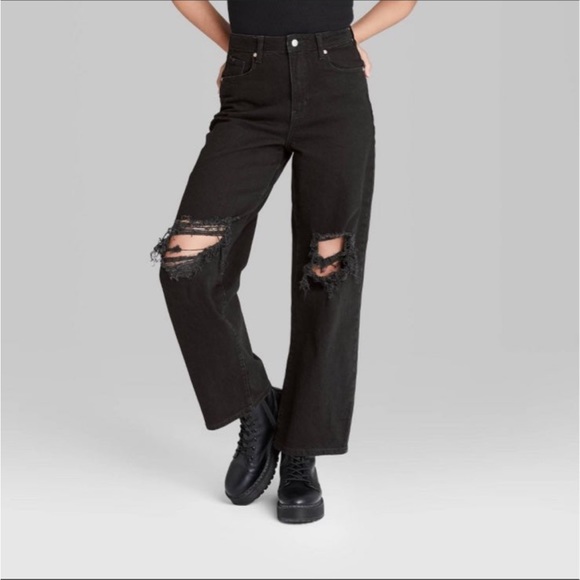 Women's Super-High Rise Distressed Baggy Jeans Wild Fable Black wide leg - Picture 1 of 8